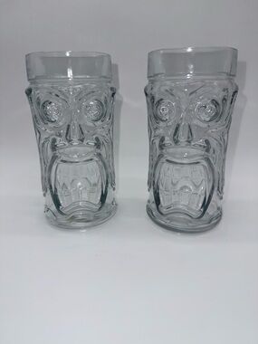 2 Vintage Anchor Hocking Screaming Tiki Clear Glass Tumbler Lot - 16 oz Bar
